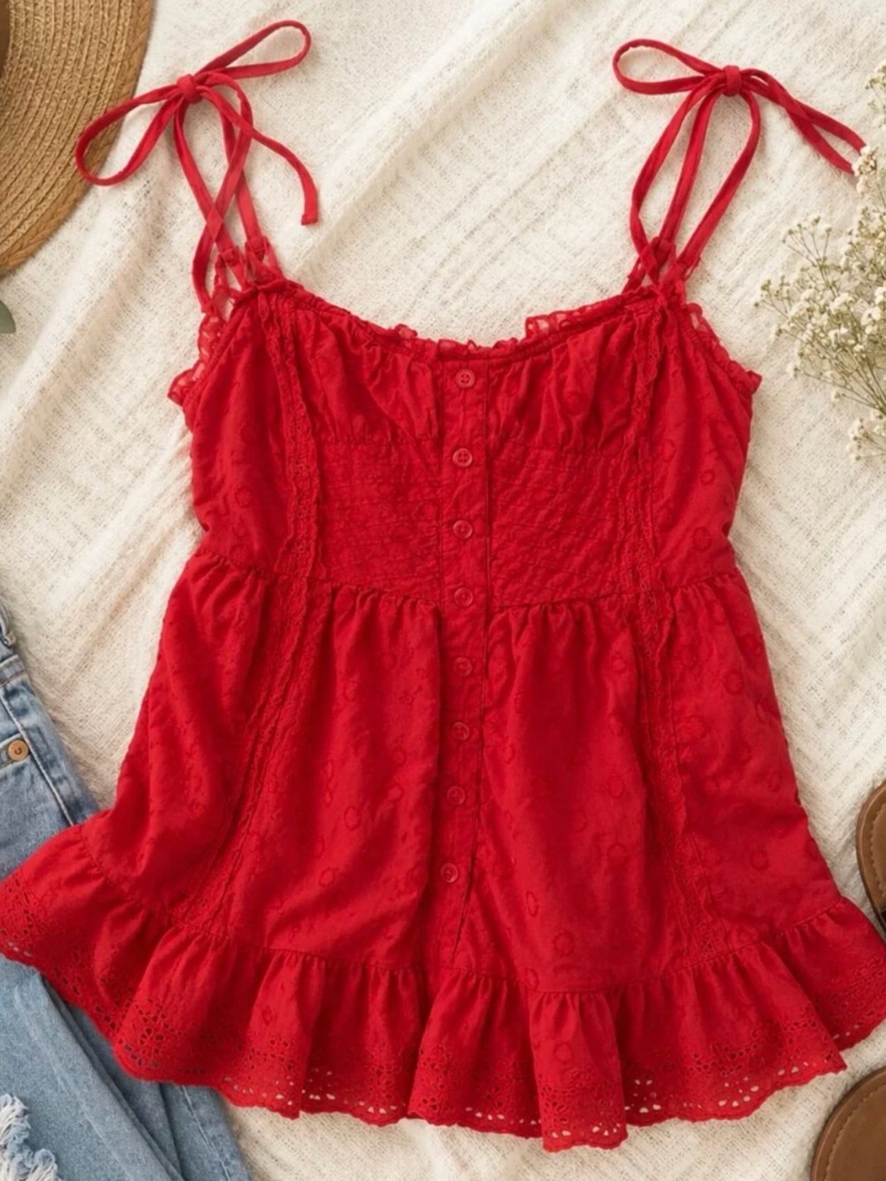 Red Tie-Shoulder Button-Front Women’s Top